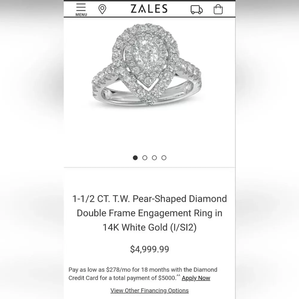 Zales Royal Asscher Pear Diamond Ring 1.5 CTW 14K White Gold Size 7.25 Halo